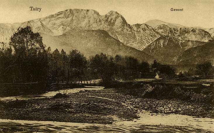 Giewont na dawnej pocztówce z około 1900 roku z podpisami Tatry i Gewont