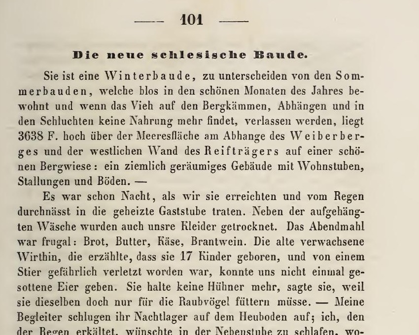 Nagłówek i początek opisu nowej śląskiej budy w książce Karla Herloßsohna z 1841 roku.
