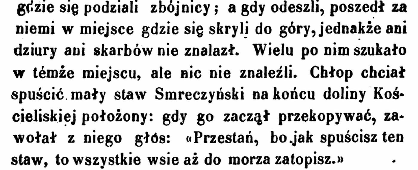 Ludwik Zejszner – „Przestań” nad Smreczyńskim Stawem – 1845 Fragment książki Ludwika Zejsznera z 1845 roku z legendą o głosie zakazującym spuszczenia Smreczyńskiego Stawu