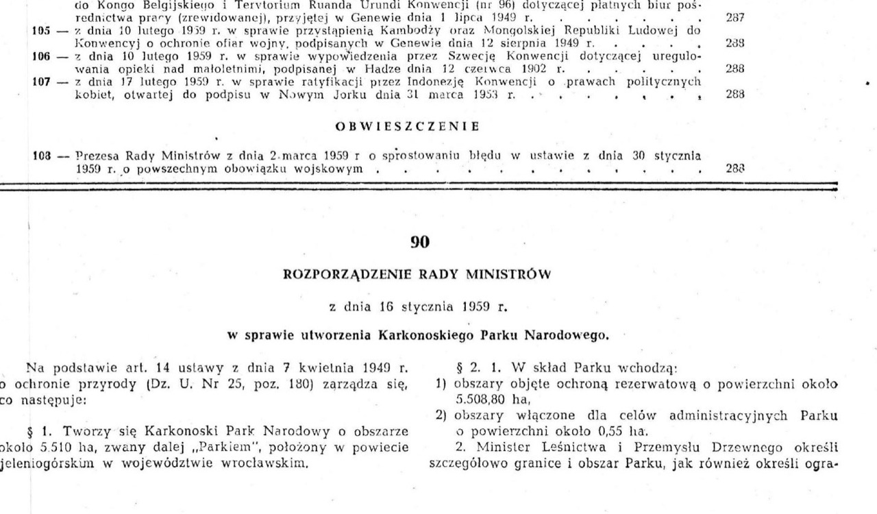 Fragment rozporządzenia z 1959 roku ustanawiającego Karkonoski Park Narodowy